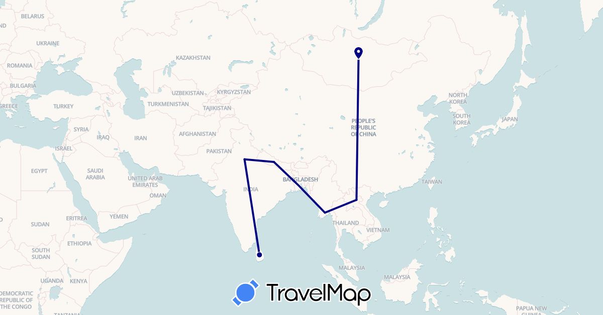 TravelMap itinerary: driving in India, Laos, Sri Lanka, Myanmar (Burma), Mongolia, Nepal (Asia)